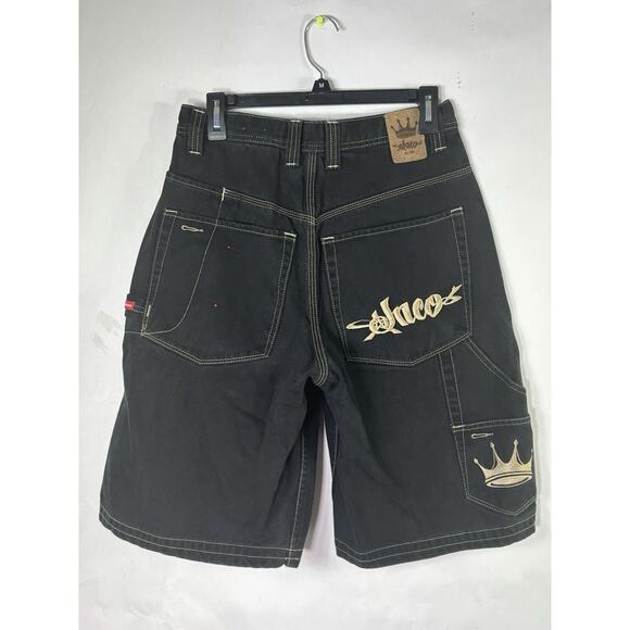 Vintage JNCO King Crown Embroidered Black Jean Shorts Size 30 Black - Picture 1 of 9